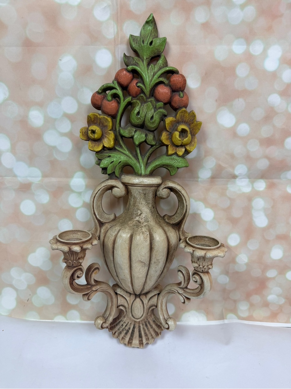 Vintage 1965 Homco Double Candle Wall Sconce Urn with Flowers Mid Century